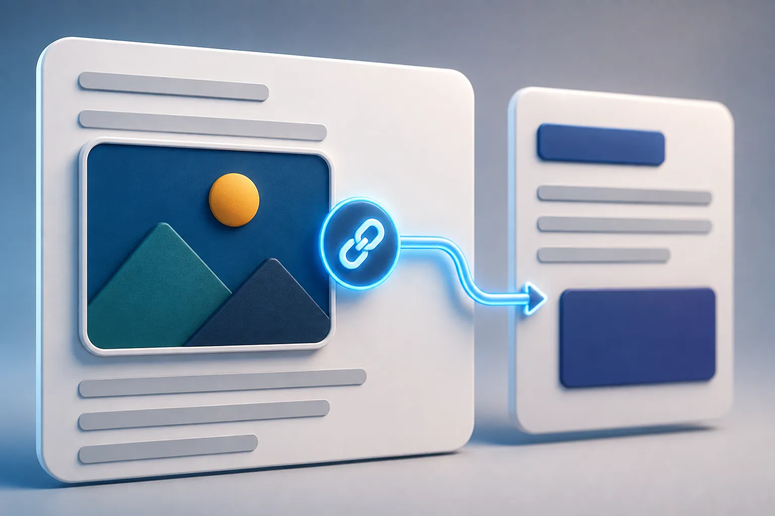 3D illustration of an image inside a webpage linking to another content card through a glowing chain-link symbol and arrow.