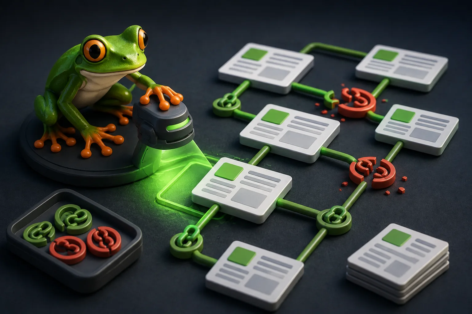 A green frog scans a network of connected webpage tiles, revealing several broken red links.