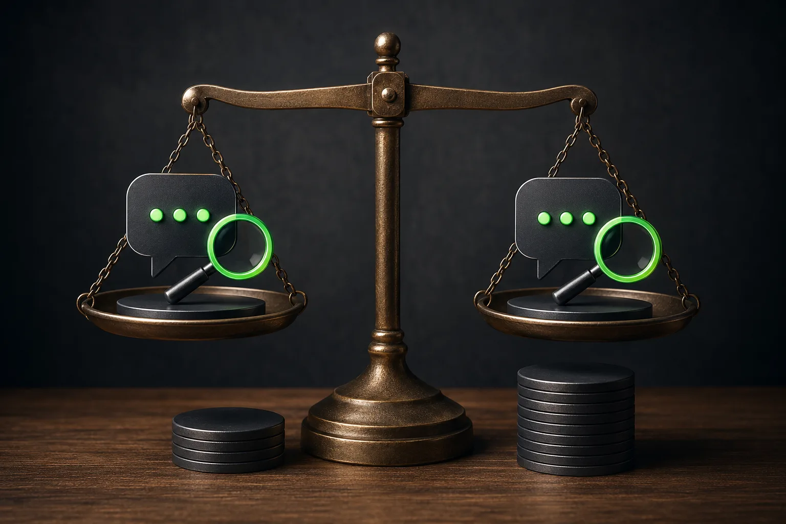 A balance scale compares two identical mention-monitoring symbols while different-sized token stacks suggest different prices.