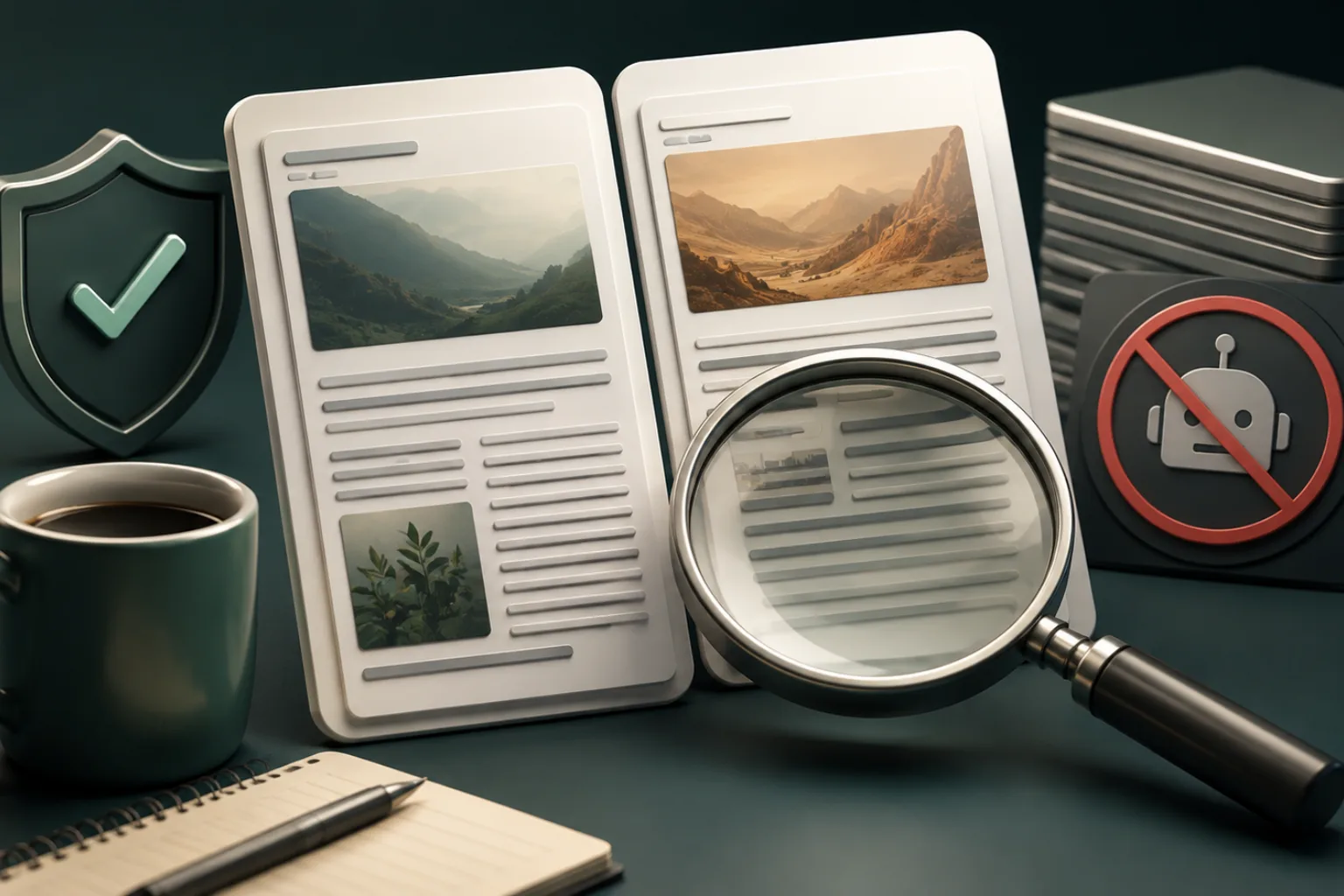 Two article pages being examined with a magnifying glass beside verification and no-bot symbols.