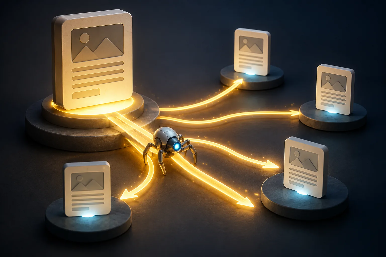 Glowing chain-link symbol highlights one elevated content page connected by chains to several surrounding pages.