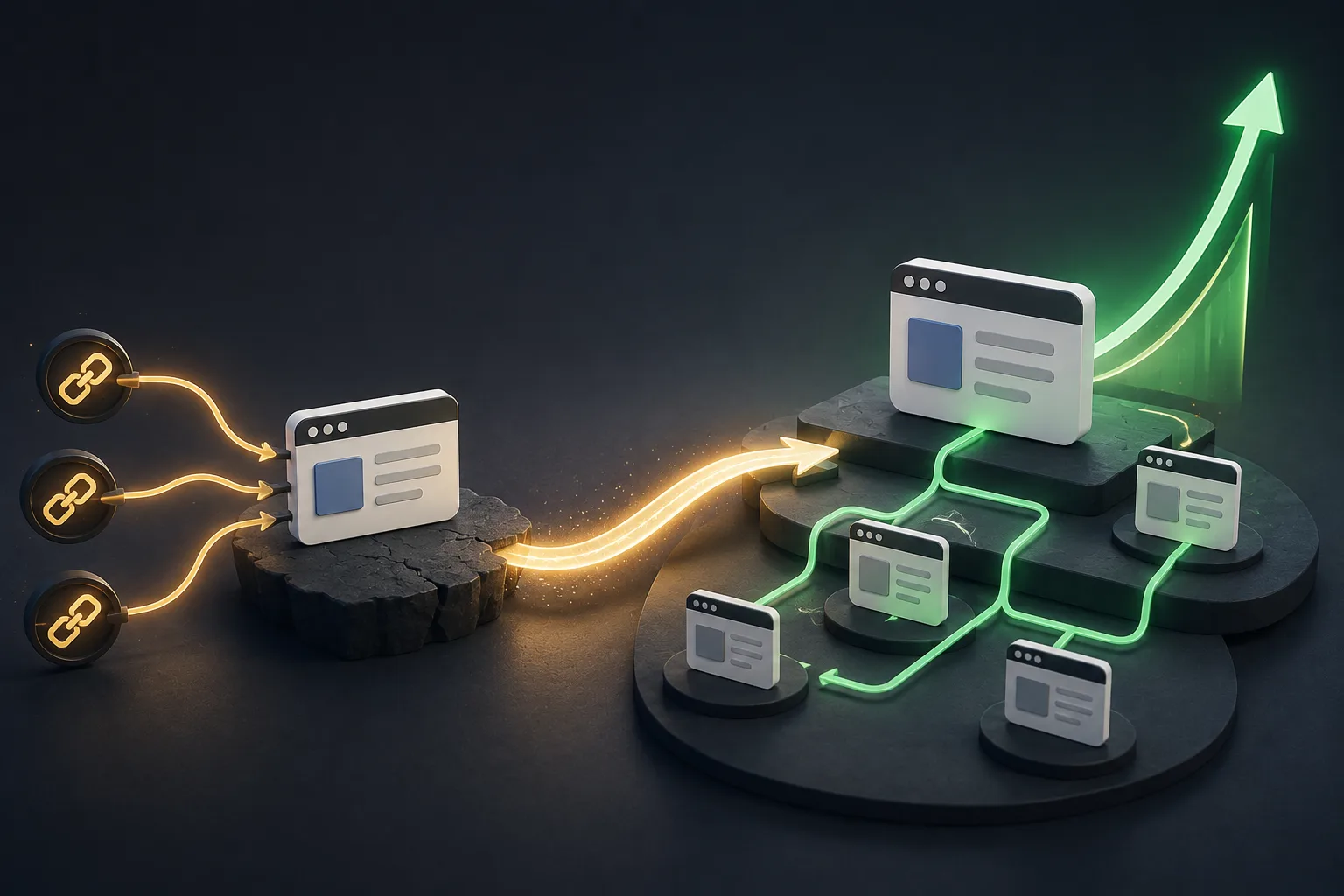 External links feed an isolated web page that is reconnected to a larger site network, with a rising arrow indicating improved performance.