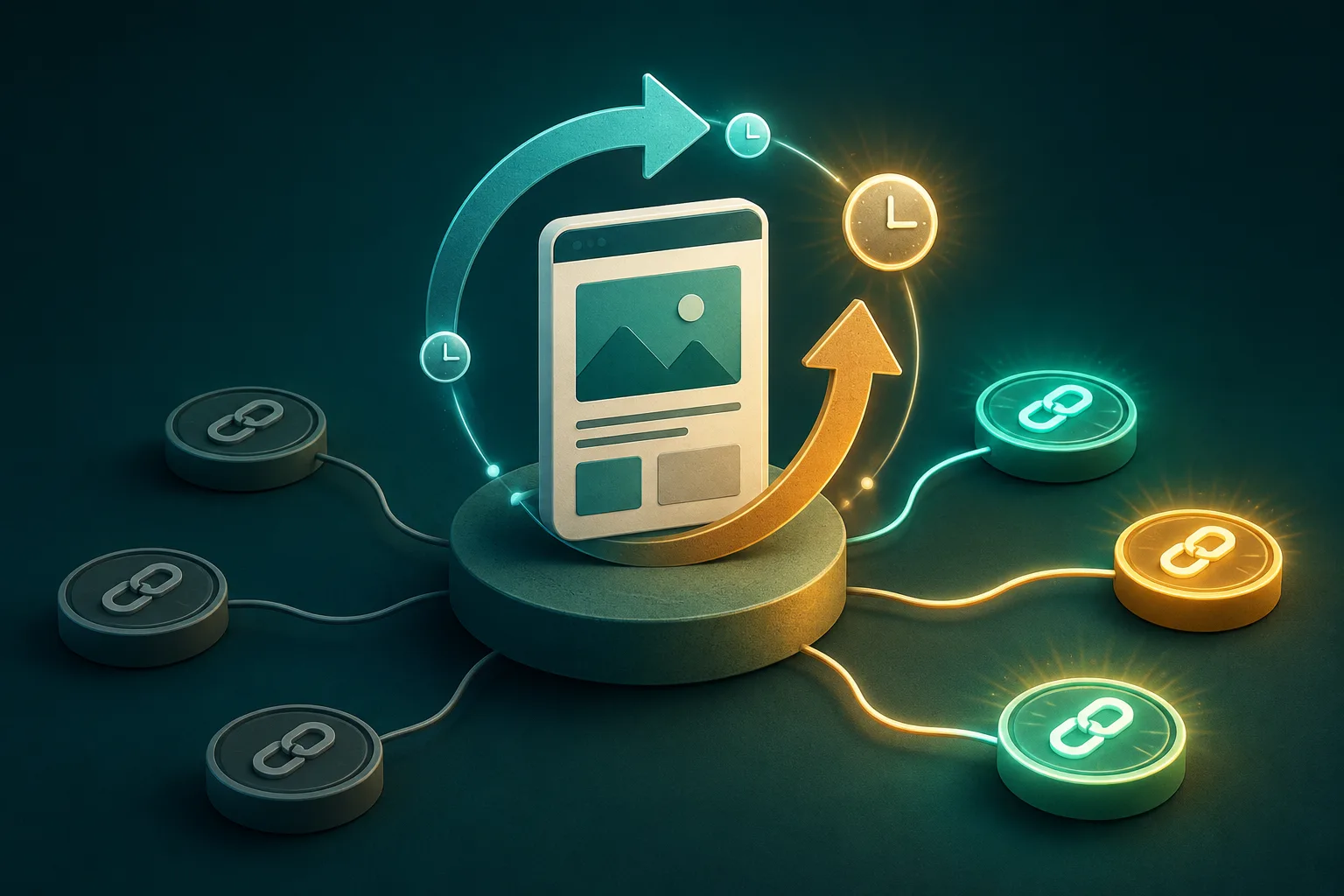 Editorial illustration of a webpage connected to multiple link nodes, surrounded by circular update arrows and clock symbols.
