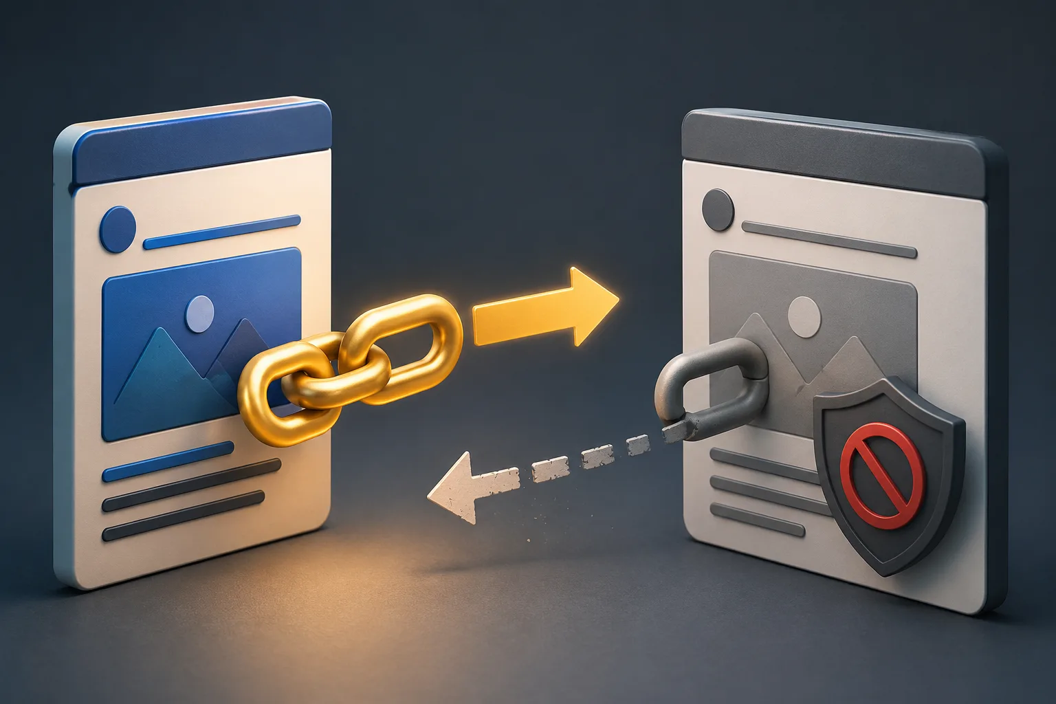 Two web pages with an active link pointing one way and a blocked return link pointing back.