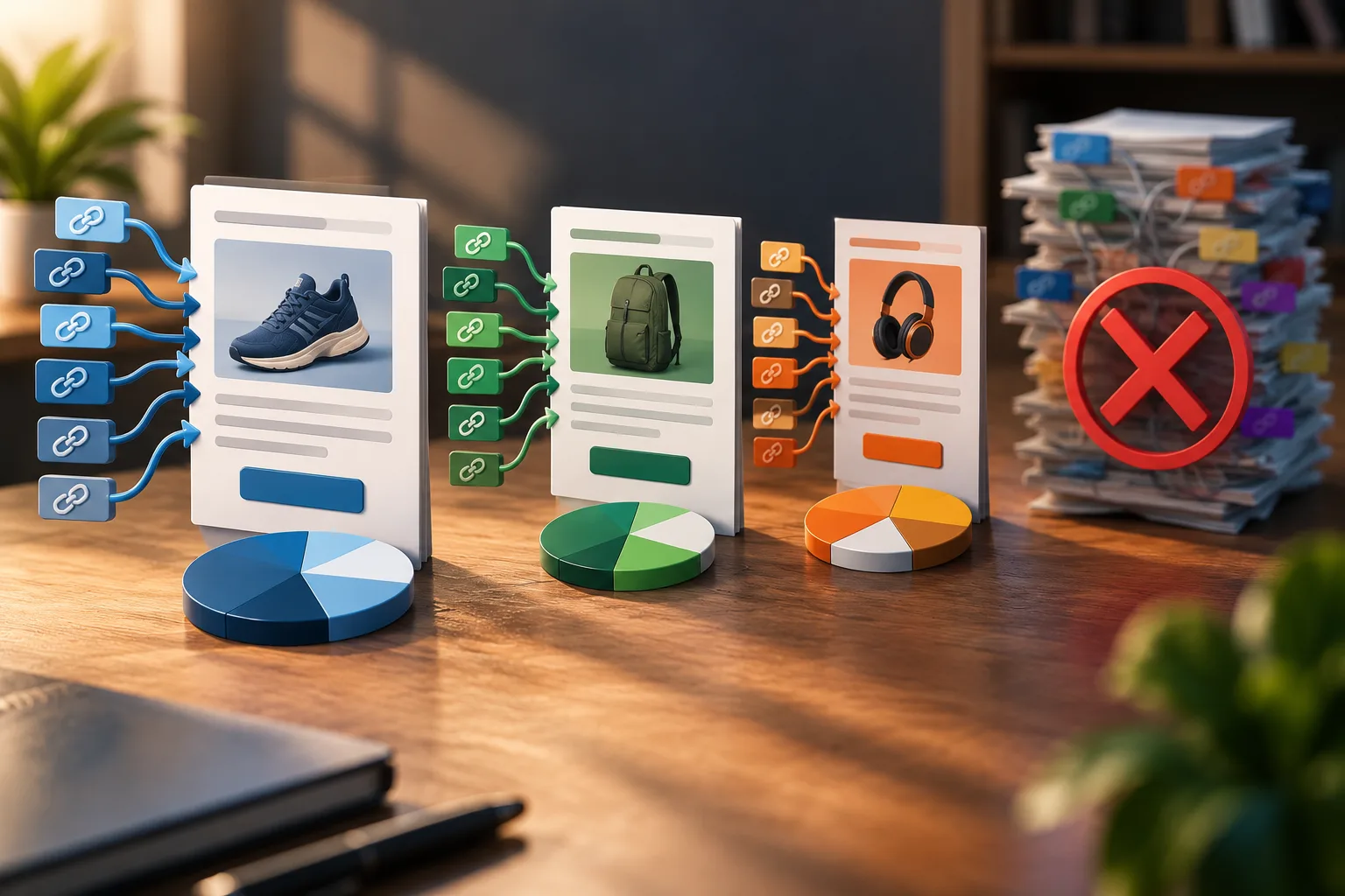 Three commercial product pages receive separate groups of colored links with individual distribution charts, while a mixed sitewide link pile is crossed out.