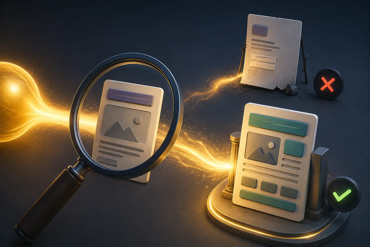 Editorial illustration comparing a weak web page with a stronger, improved destination page before authority is routed to it.