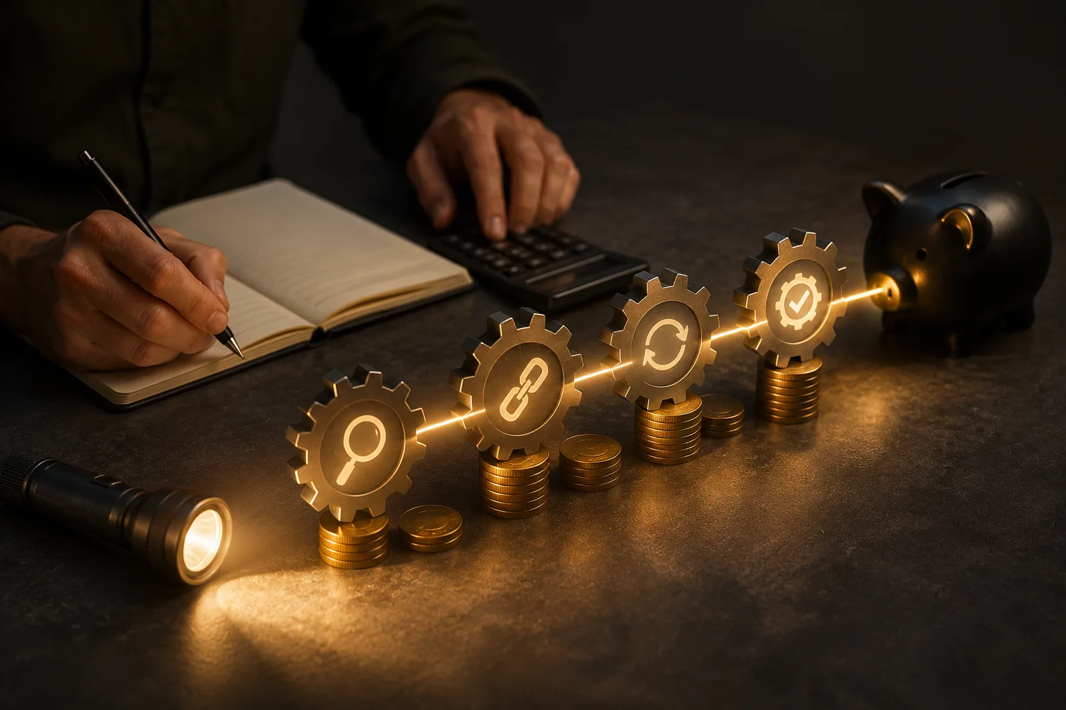 A person calculates costs beside coins and linked gears representing different tactics, leading toward a piggy bank.
