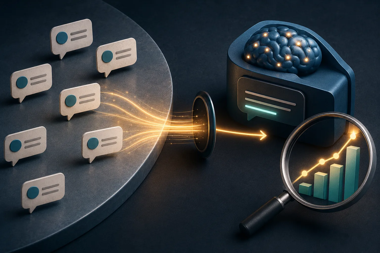 Multiple mention cards feed into an AI system while a magnifying glass highlights rising visibility metrics.