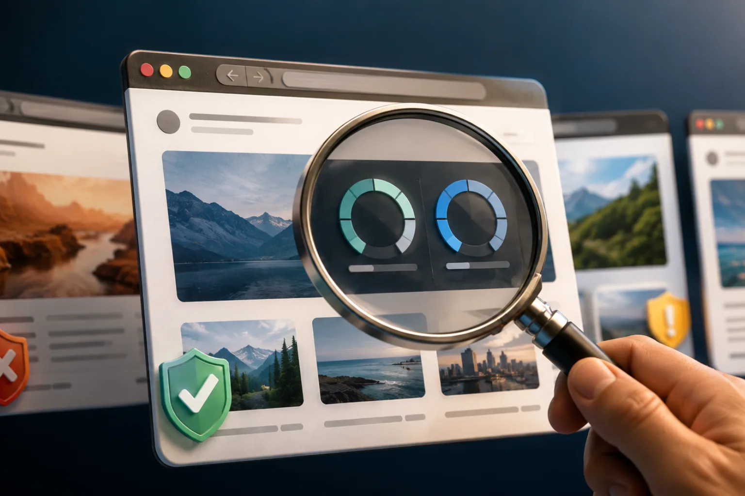 Hand holding a magnifying glass over two rating gauges displayed on a website among several browser windows.