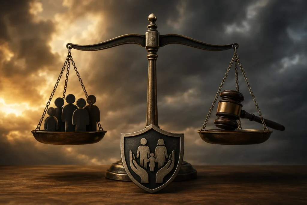 A bronze balance scale weighs a group of people against a judge’s gavel, with a family-protection shield in front under dramatic storm clouds.