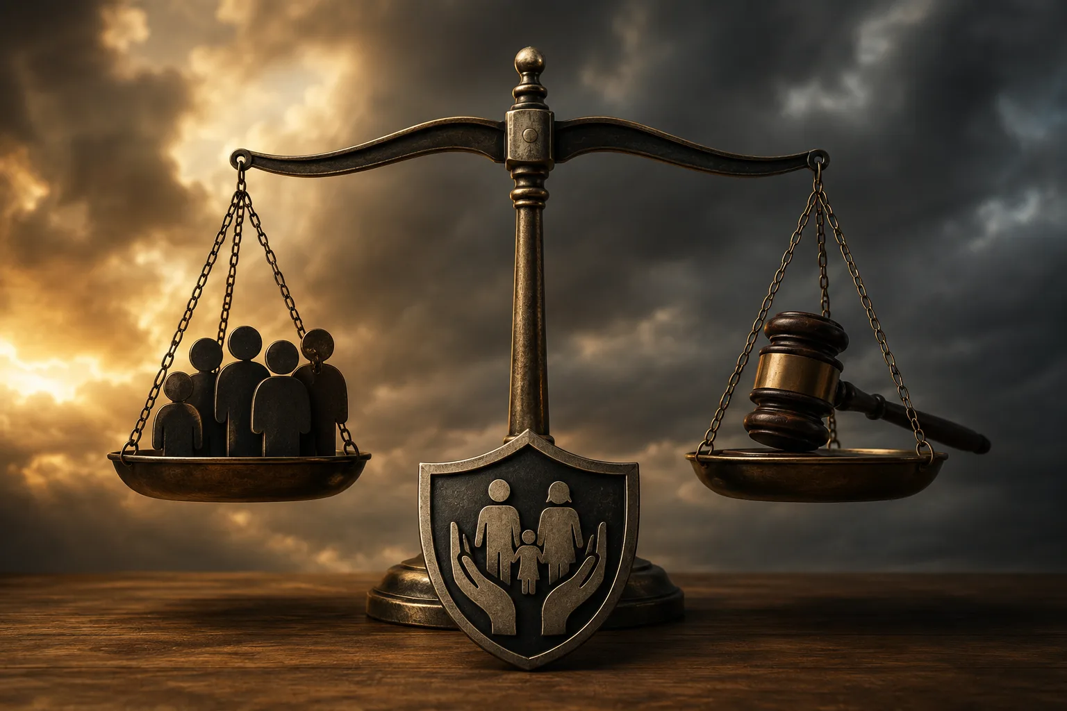 A bronze balance scale weighs a group of people against a judge’s gavel, with a family-protection shield in front under dramatic storm clouds.
