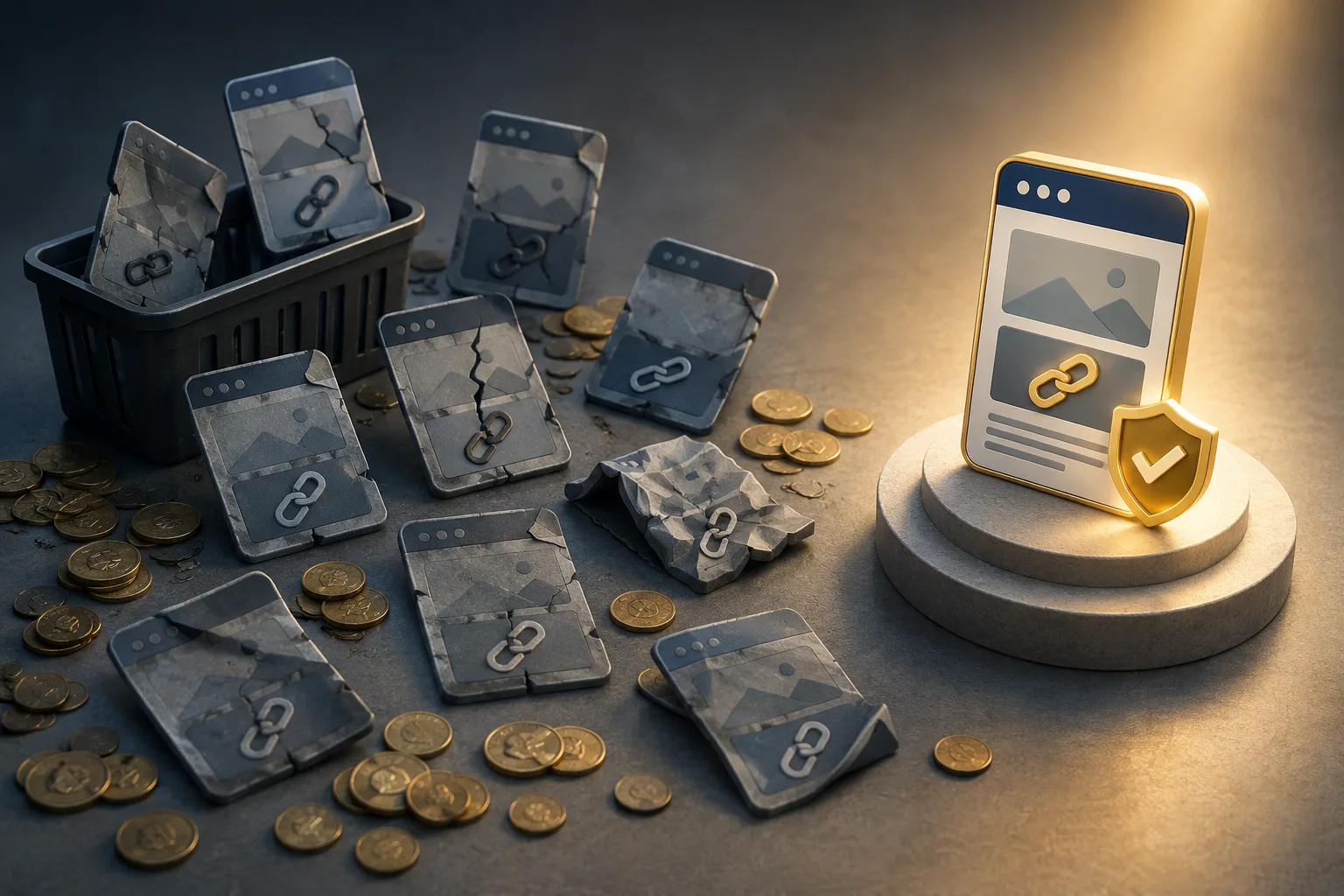 Nine damaged link-placement cards and scattered coins surround one intact, verified link card highlighted on a pedestal.