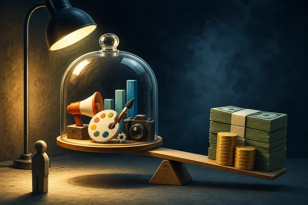 A balance scale compares agency services under a glass dome with stacks of cash and coins, illustrating the cost of agency work.