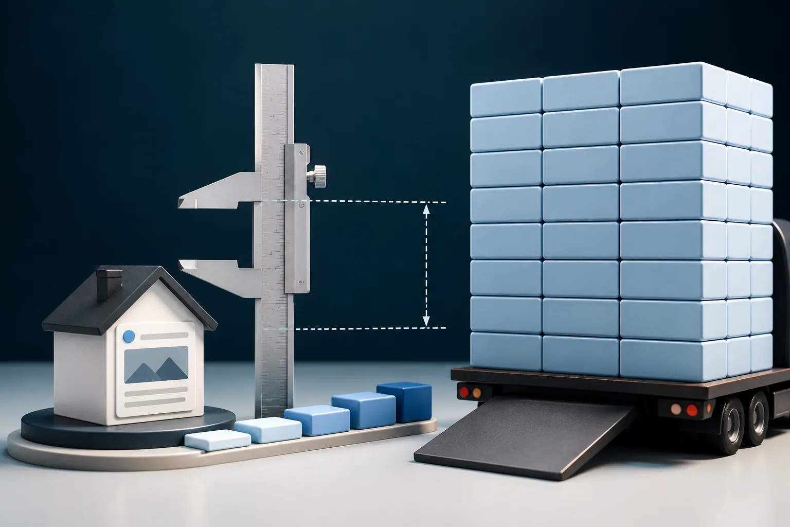 A small website model is measured beside a growing row of blocks while a truck carries a much larger fixed load, illustrating mismatched growth targets.