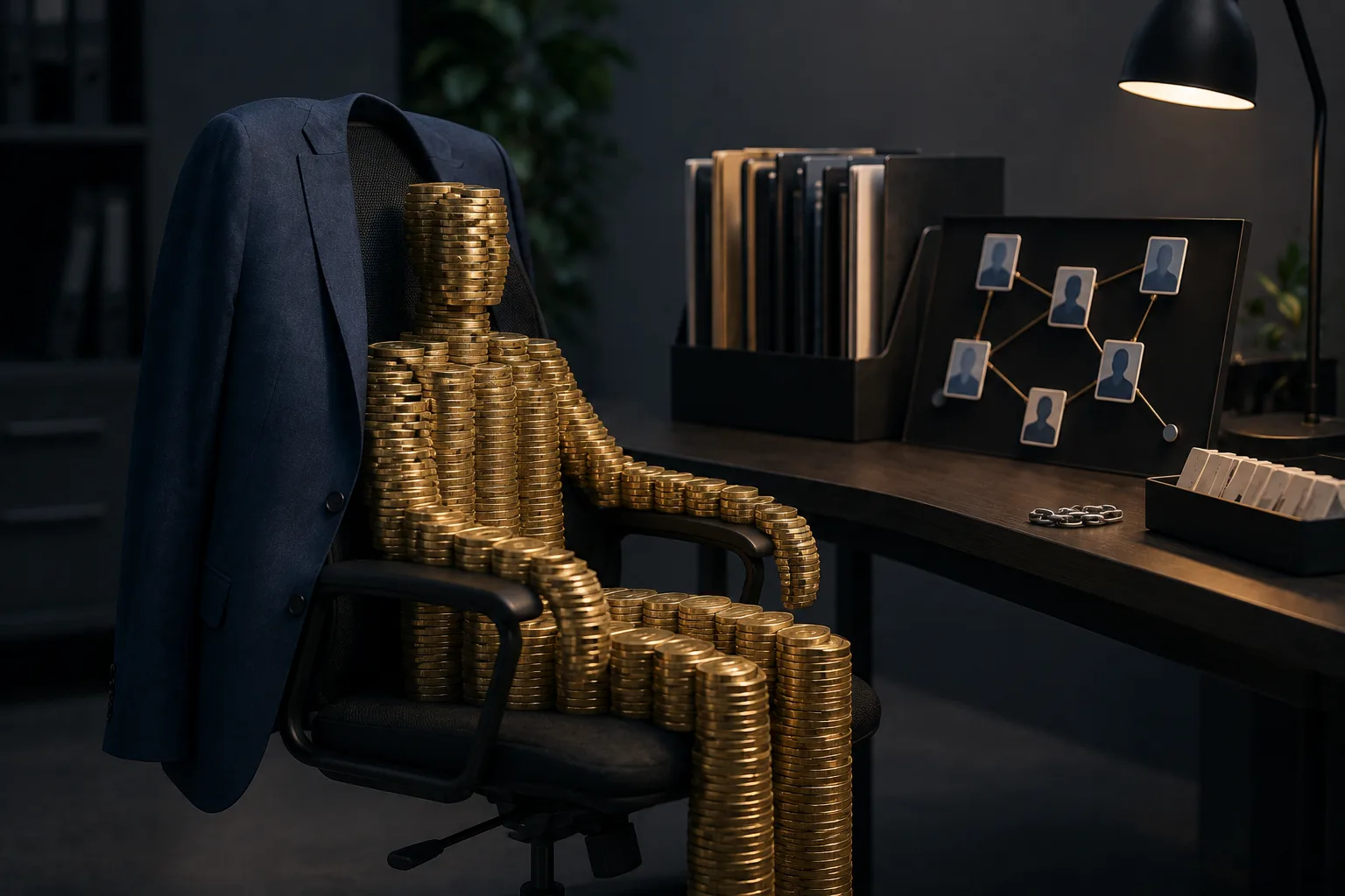 An office chair holds a human-shaped figure made of stacked gold coins beneath a jacket, representing the cost of an in-house employee.