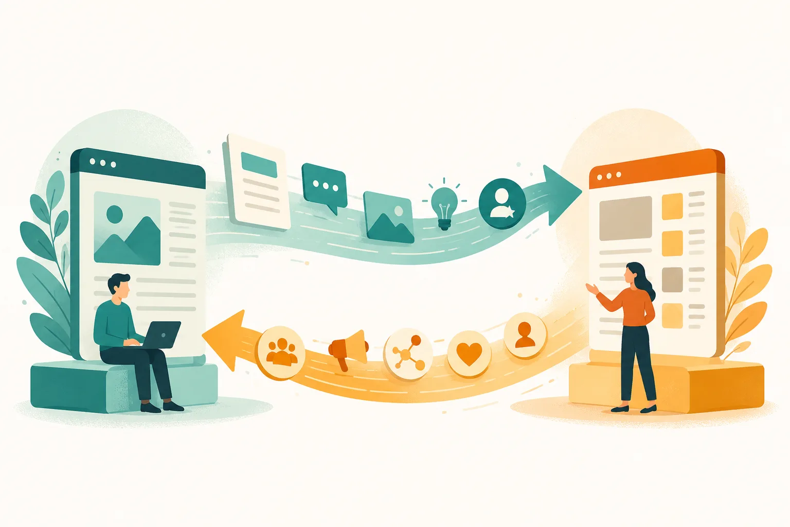 Editorial illustration of two people exchanging non-monetary value between webpage-like panels, with content cards moving one way and audience, visibility, and recognition symbols moving back.