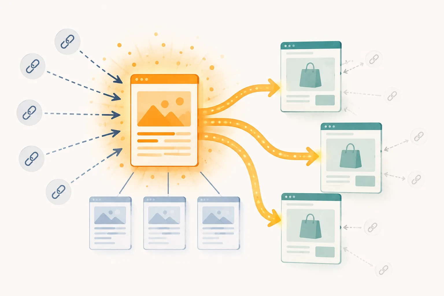Editorial illustration showing many external links concentrating authority on one strong page, which then redirects that authority through internal links to weaker commercial pages.