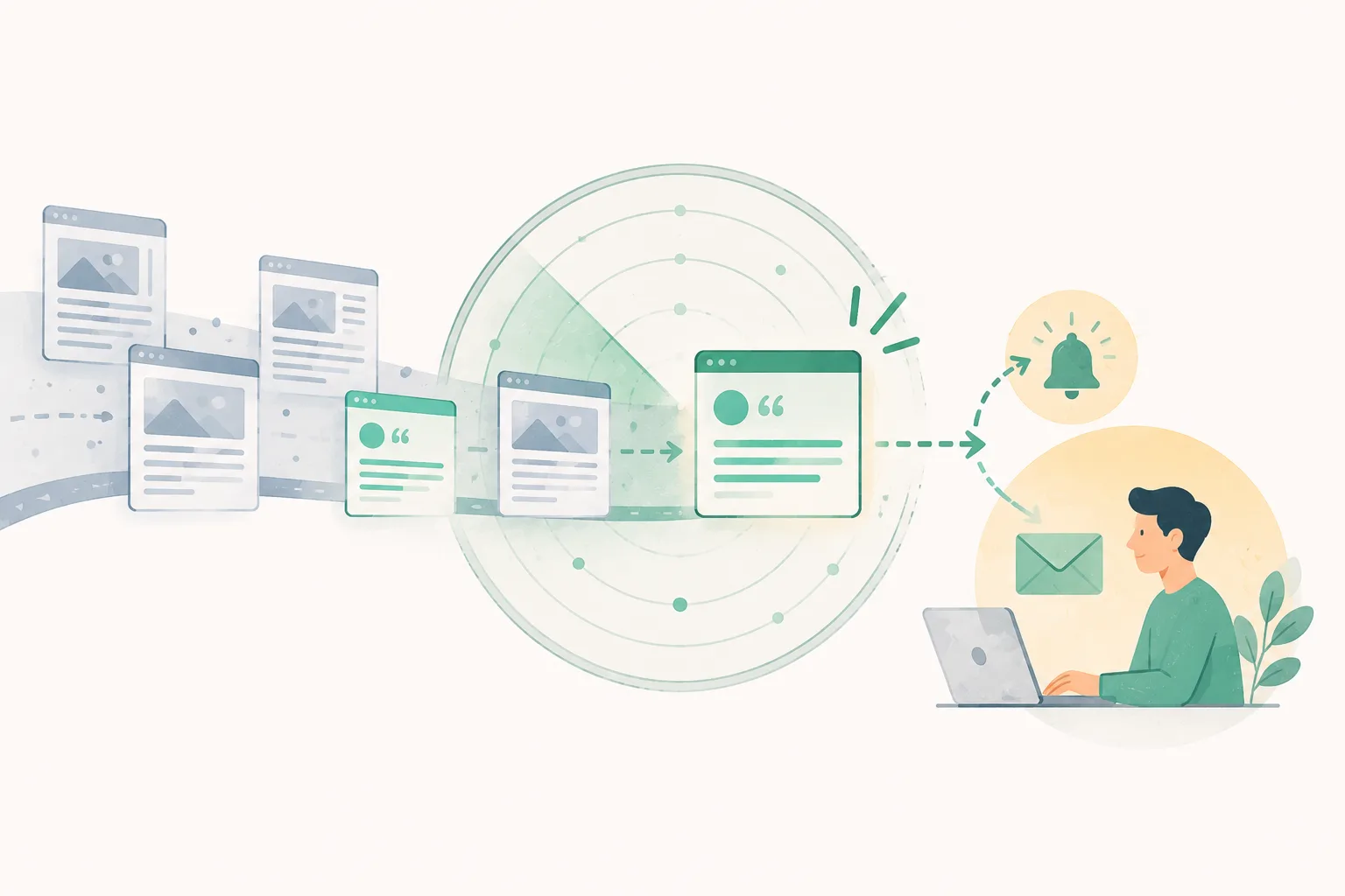 Editorial illustration of webpage cards passing through a monitoring radar, with a newly detected mention triggering an alert and outreach opportunity.