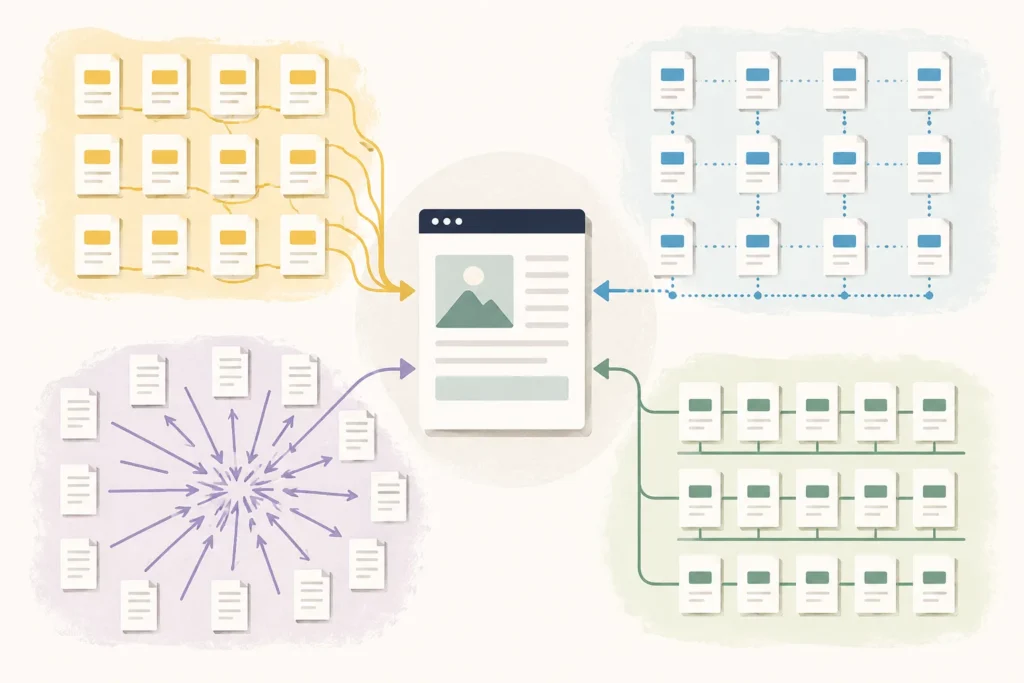 Editorial illustration of a central webpage surrounded by four distinct manufactured linking patterns, including repeated page blocks, perfect grids, concentrated directional arrows, and rigid aligned rows.