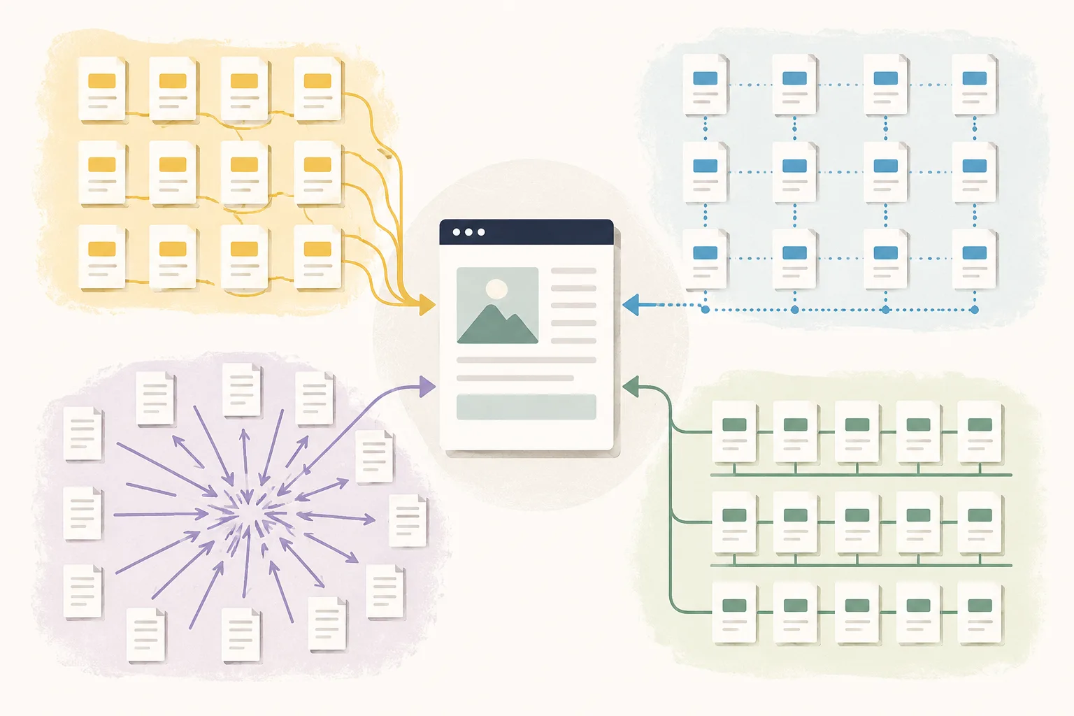 Editorial illustration of a central webpage surrounded by four distinct manufactured linking patterns, including repeated page blocks, perfect grids, concentrated directional arrows, and rigid aligned rows.