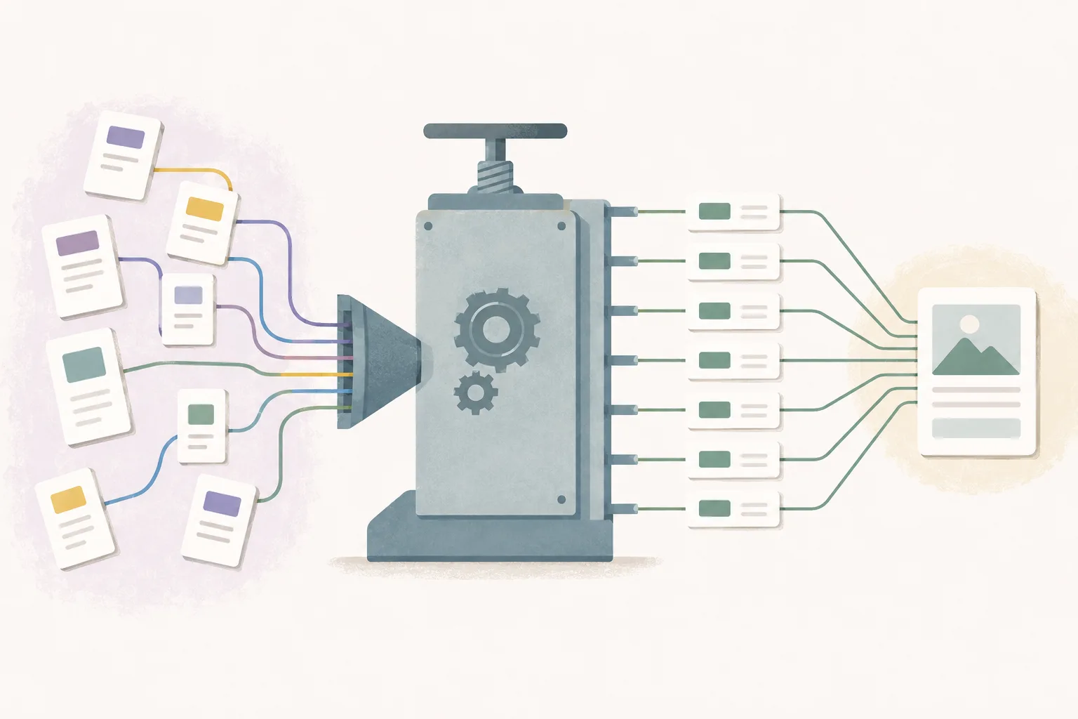 Editorial illustration of varied page links entering a rigid machine and emerging as identical link blocks connected to one target page.