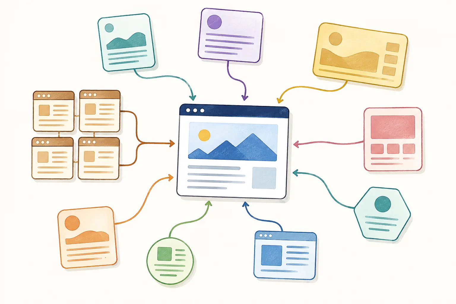 Editorial illustration of a central webpage receiving links from one tight cluster of similar pages on the left and several varied pages arriving from different directions.
