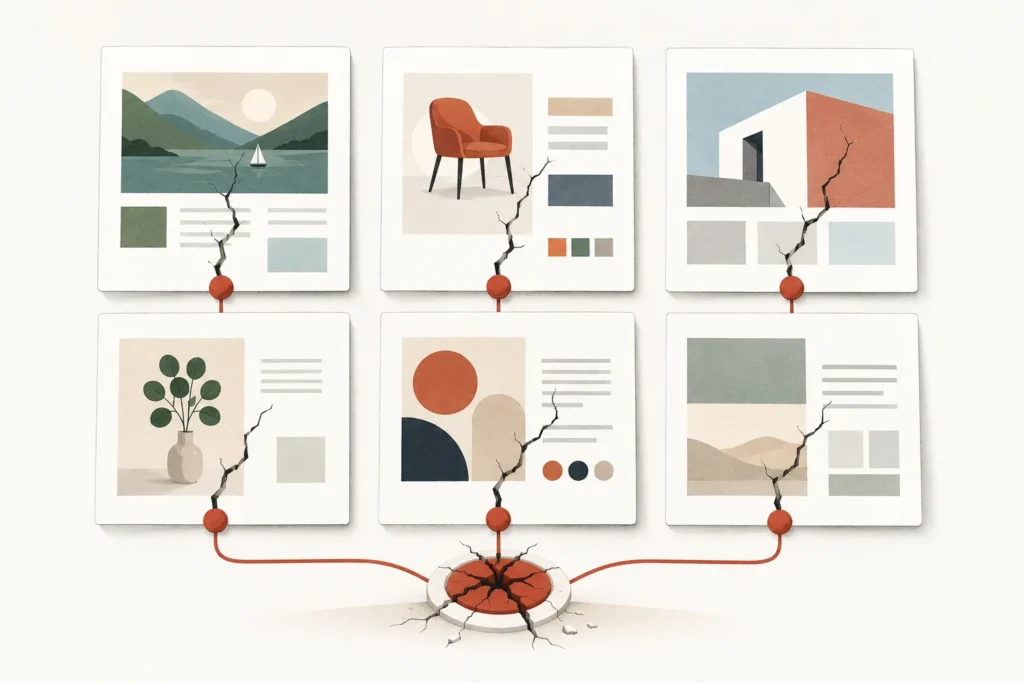 Six illustrated portfolio cards share the same jagged crack, with red connectors leading to a broken central hub below.