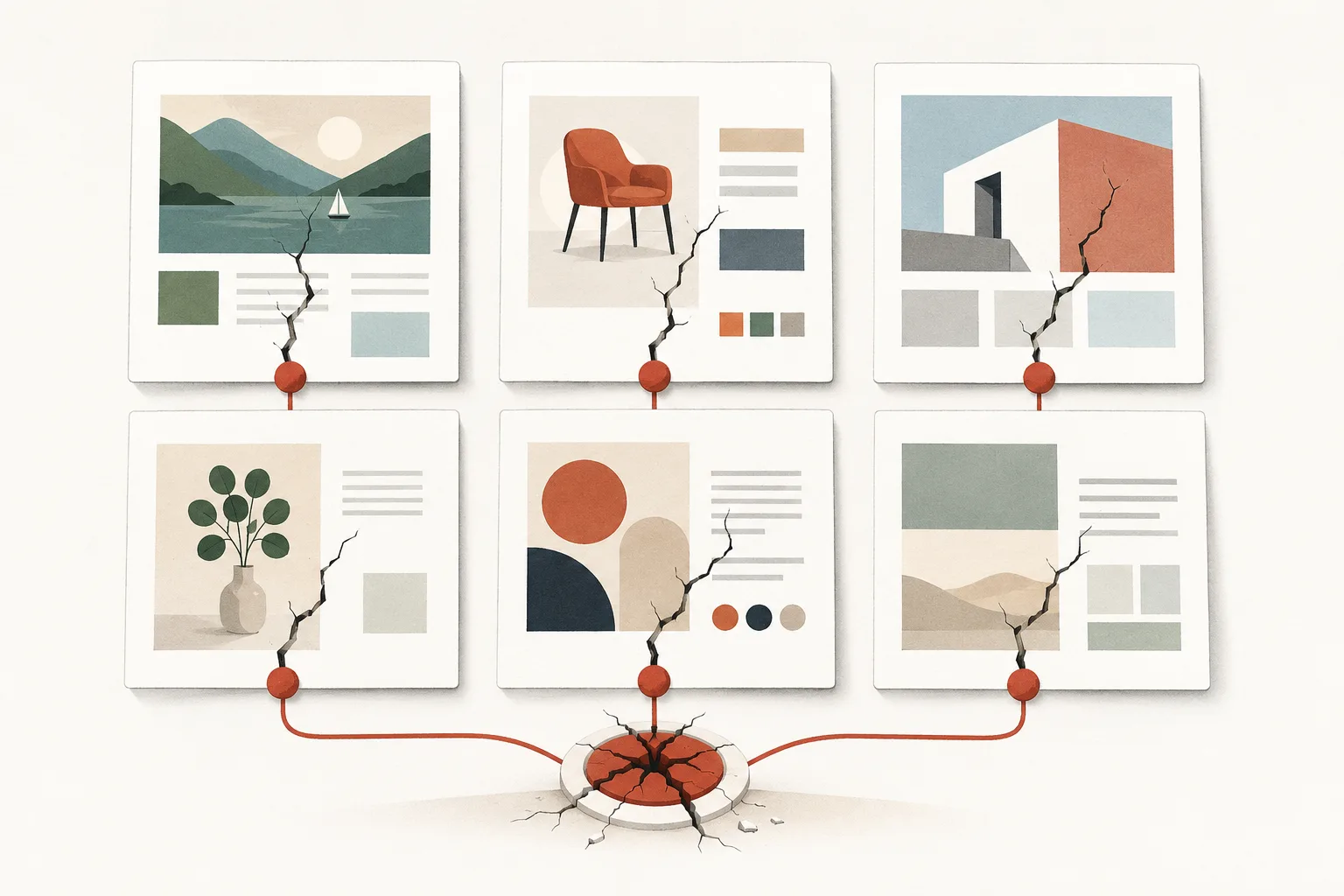 Six illustrated portfolio cards share the same jagged crack, with red connectors leading to a broken central hub below.