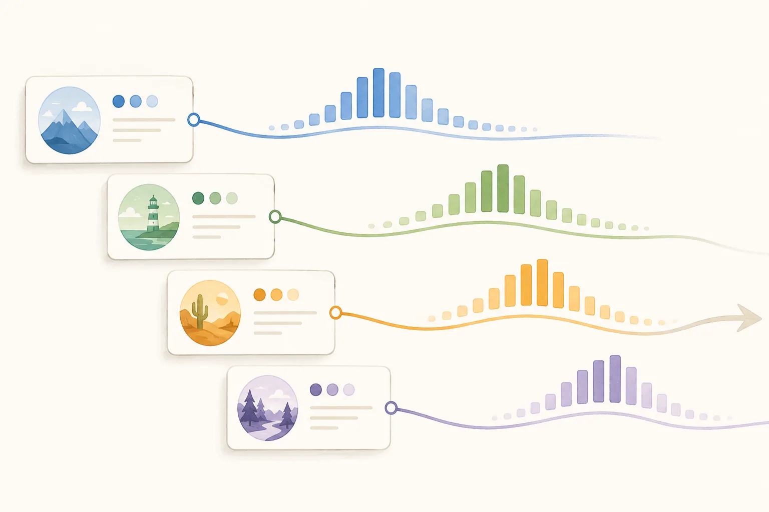 Four illustrated project cards follow separate colored timelines with activity peaks staggered at different positions.