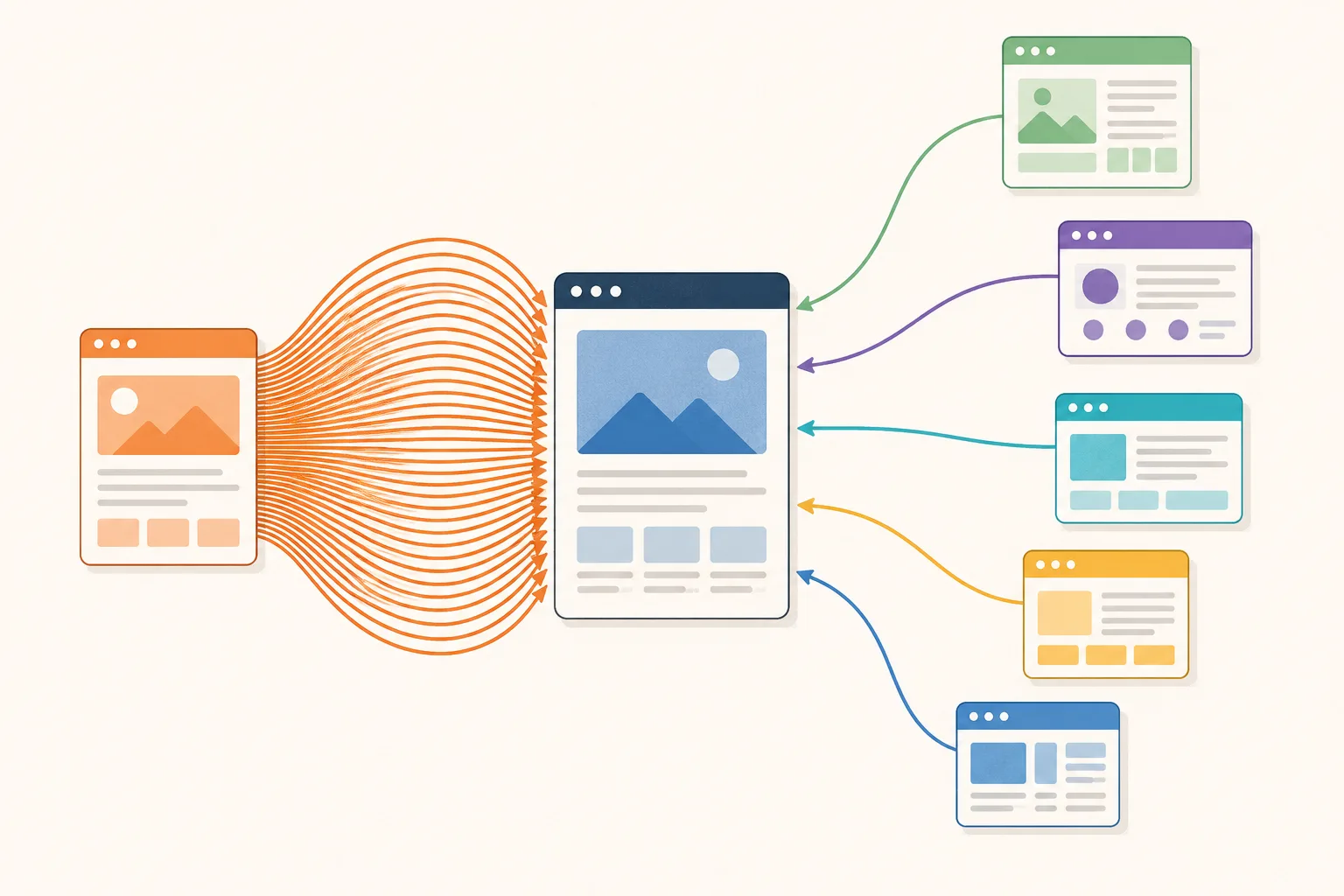 A central target page receives many orange links from one source on the left and single links from several distinct sources on the right.