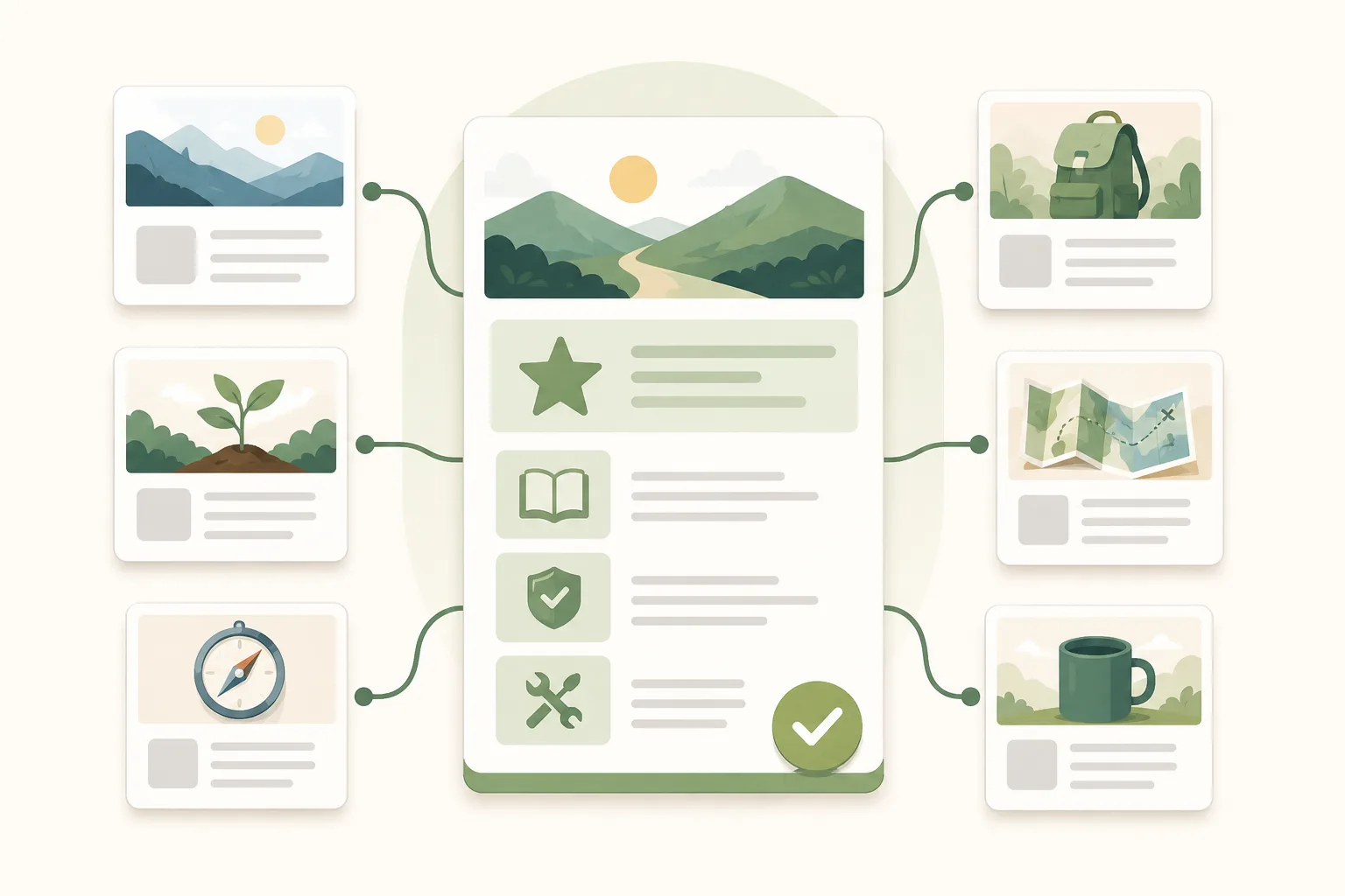 Editorial illustration of a central resource-page card connected to six carefully selected supporting cards, showing a curated and organized collection of related references.