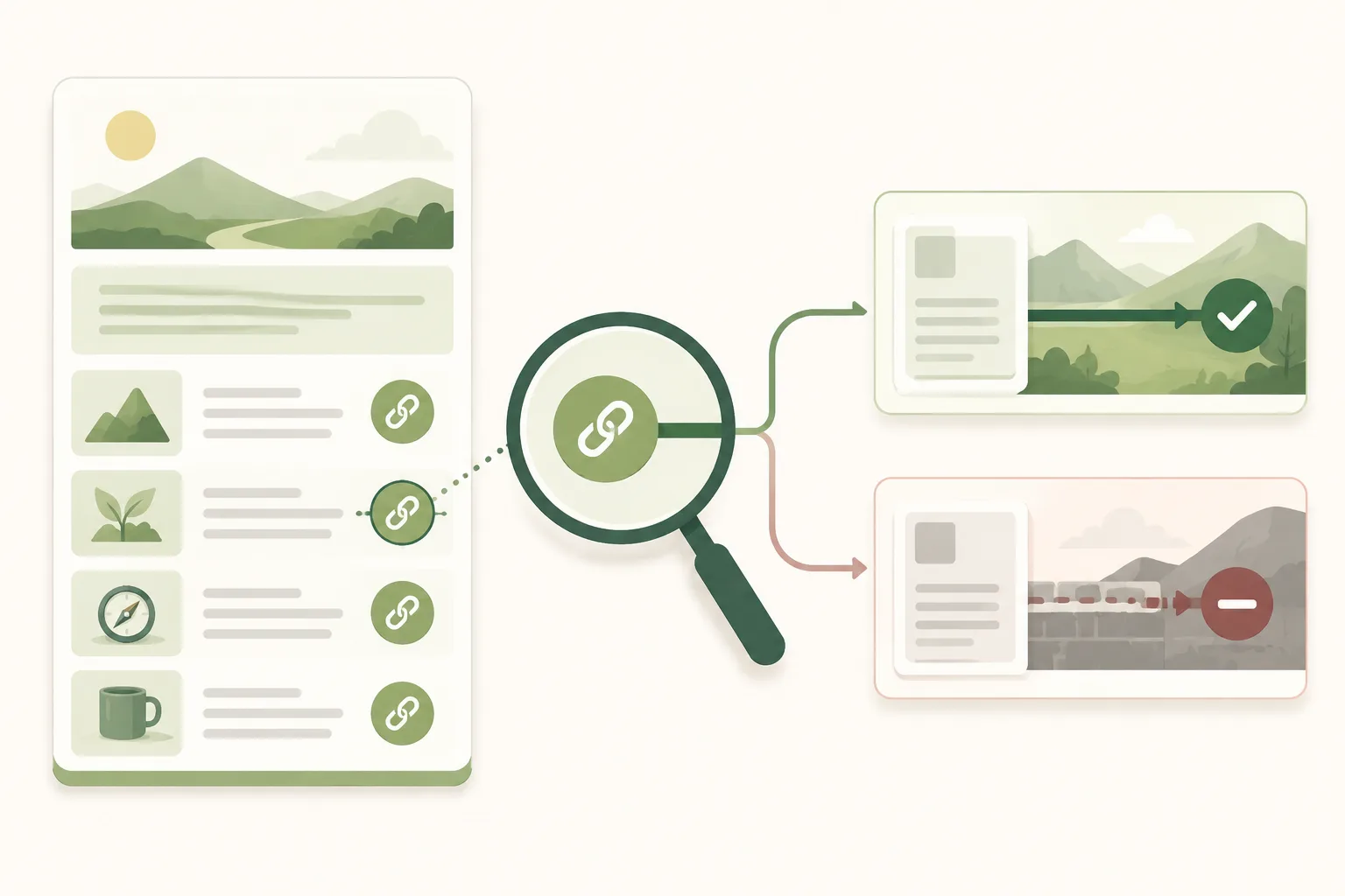 Editorial illustration of a resource page link being inspected with a magnifying glass, revealing one open green connection and one restricted muted connection.