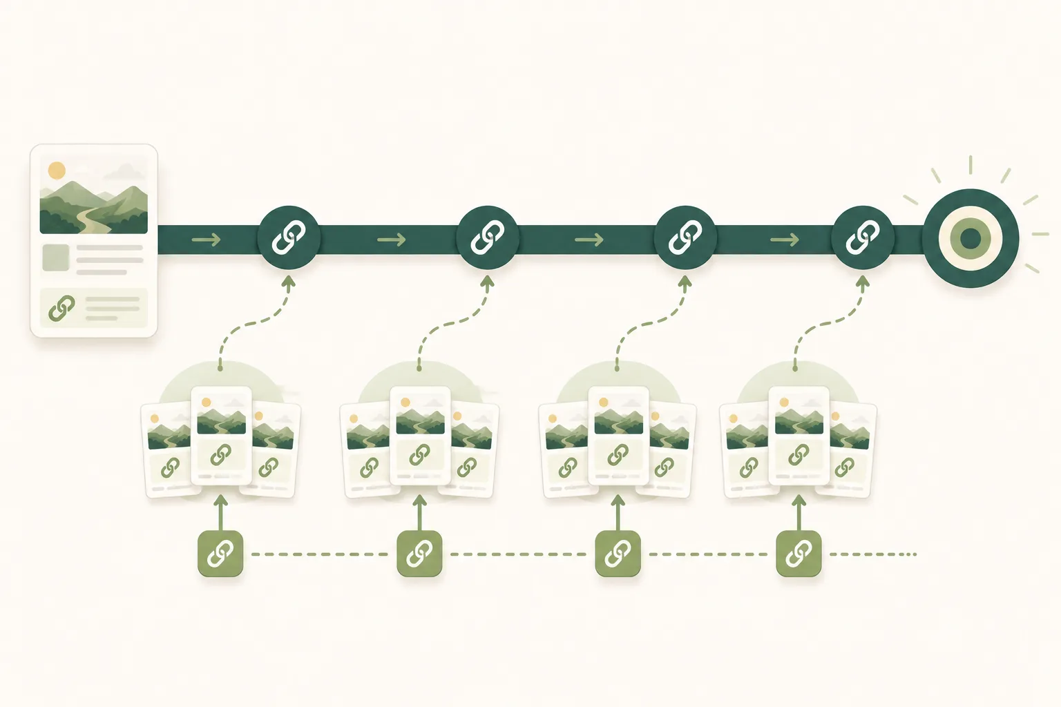 Editorial illustration of a continuous main link-building path supported at intervals by smaller bursts of resource-page cards that feed into the primary workflow.