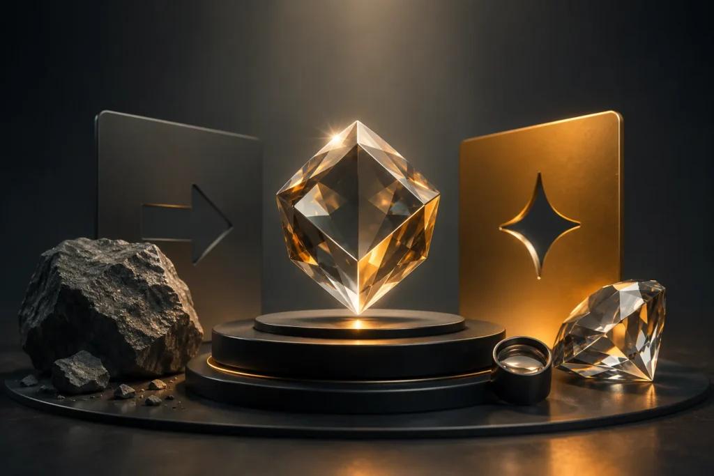 A polished 3D scene showing a rough dark rock transforming into a glowing faceted gemstone on a pedestal, with an arrow, sparkle panel, loupe, and finished gem nearby.