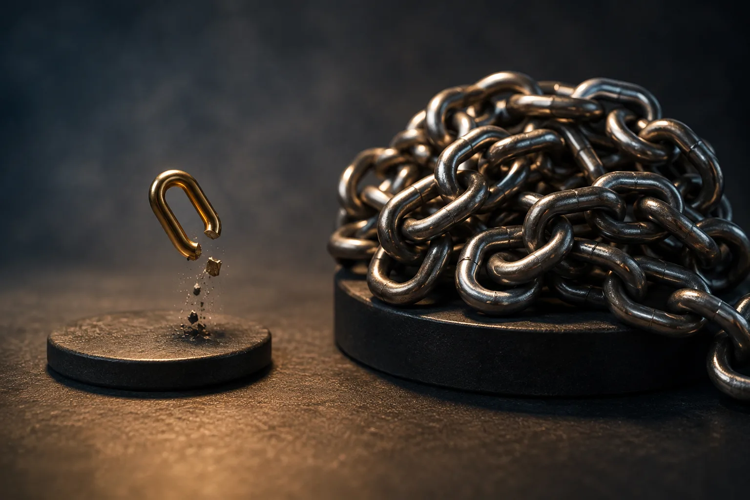 A single broken gold chain link on a small platform faces a large pile of heavy dark chains on a larger platform.