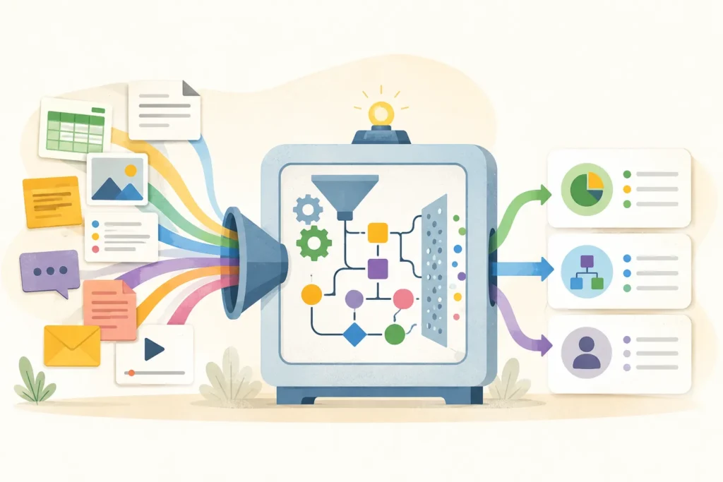 Editorial illustration of varied content inputs flowing into a central processing machine and emerging as three organized result cards.