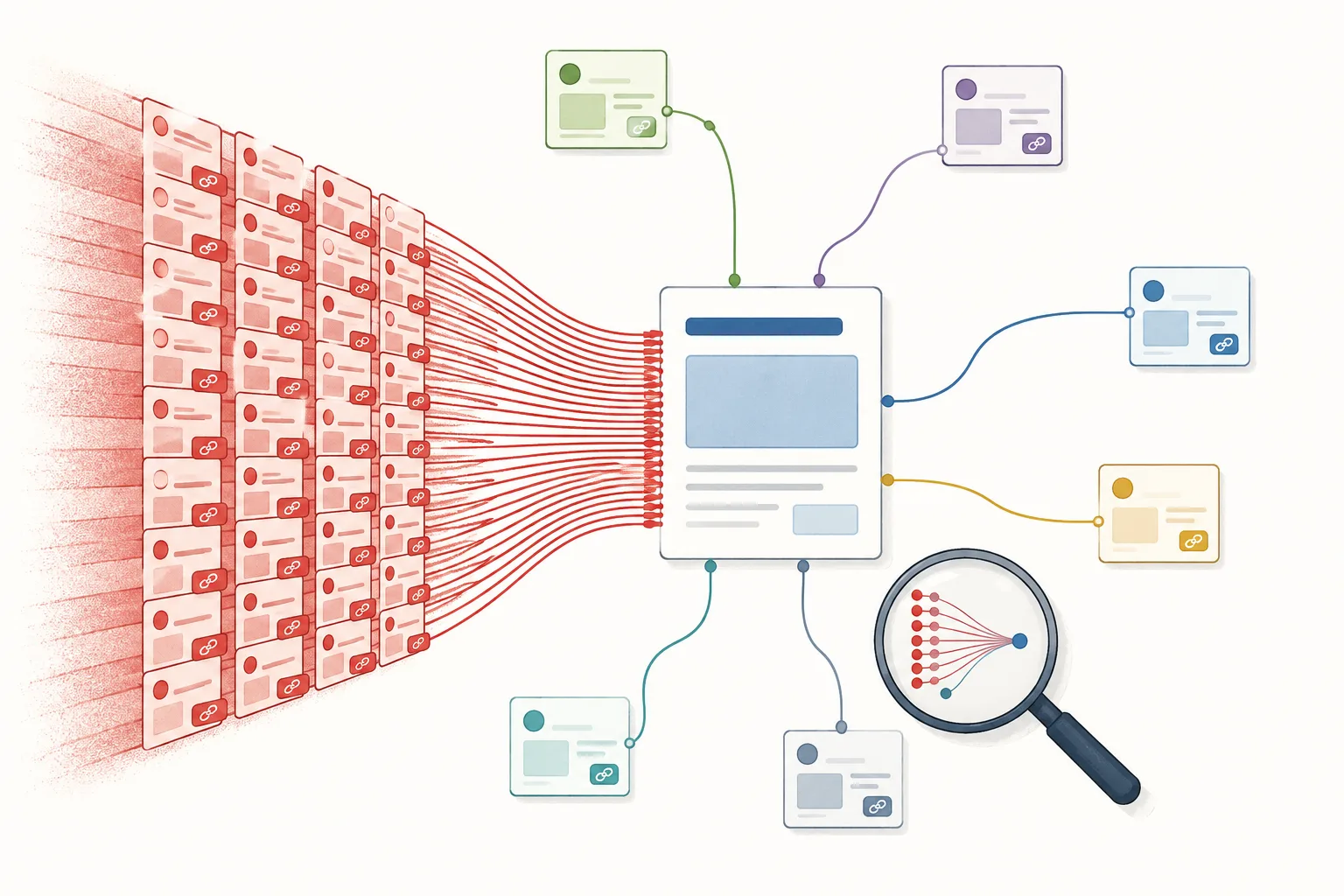 Editorial illustration of a target page receiving a dense surge of repeated red links from one coordinated source cluster, contrasted with a few varied natural links.