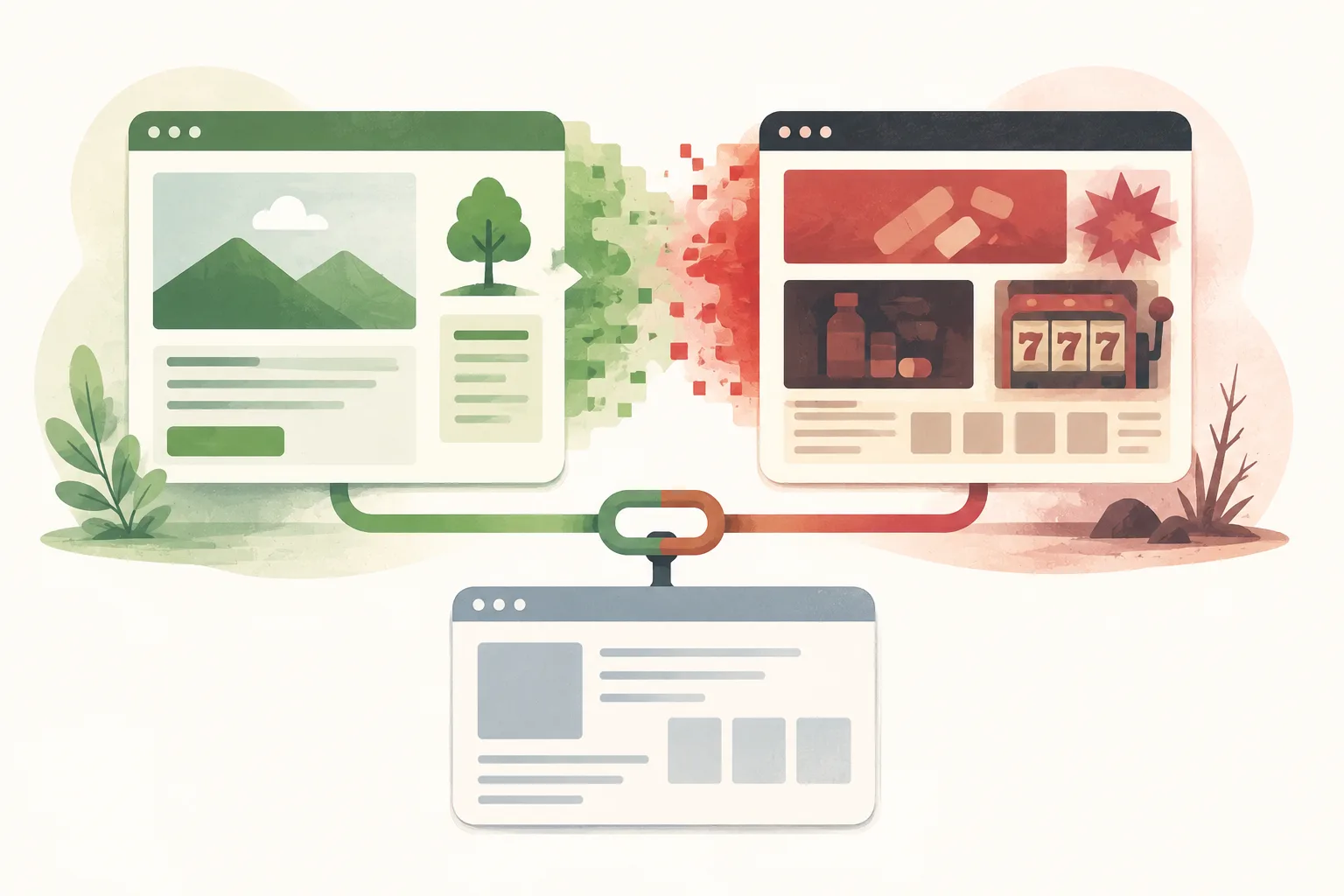 Editorial illustration of a green website transforming into a red repurposed site while the same link remains connected to a target page below.