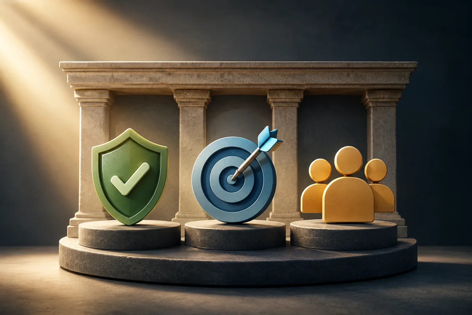 Three 3D symbols on podiums—a shield with a checkmark, a bullseye with a dart, and a group of people—representing three distinct attributes and their purposes.