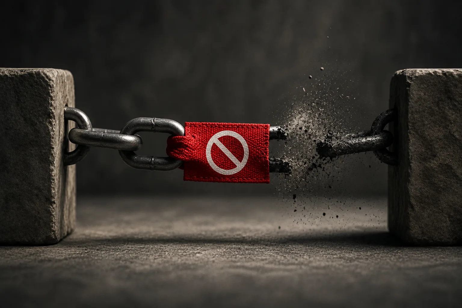 A heavy chain between two stone blocks is interrupted by a red prohibition tag as one section breaks apart into debris.