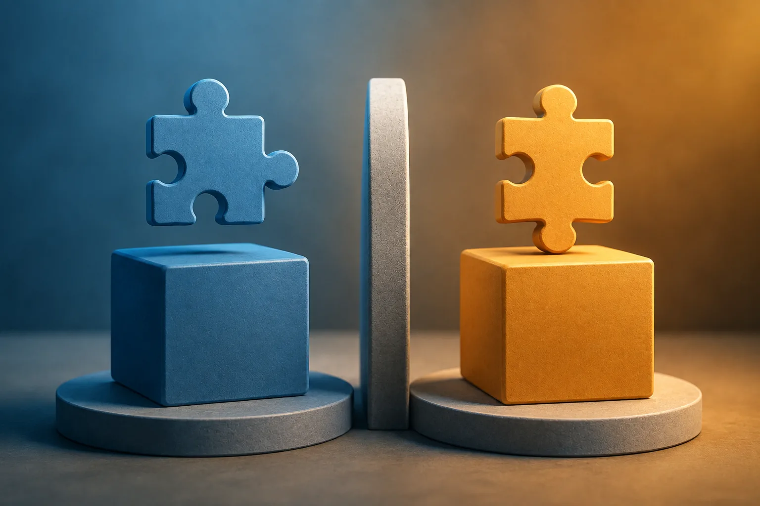 Blue and orange puzzle pieces sit on separate blocks divided by a tall central barrier, representing two distinct requirements that should not be conflated.