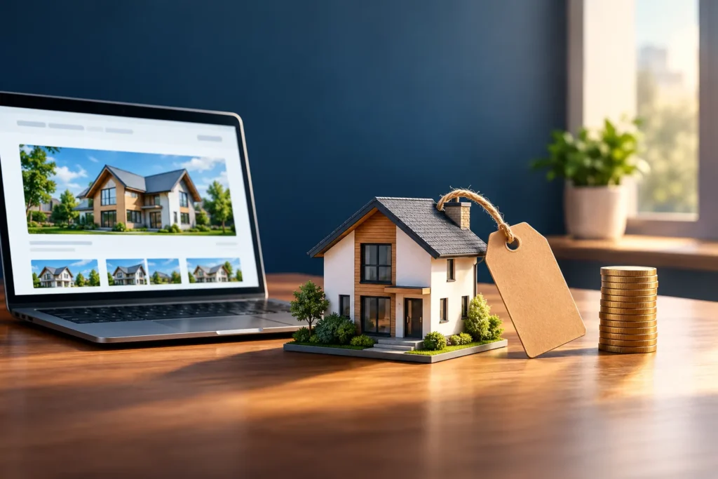 A miniature modern house with a blank price tag and stacked coins beside a laptop showing property images.