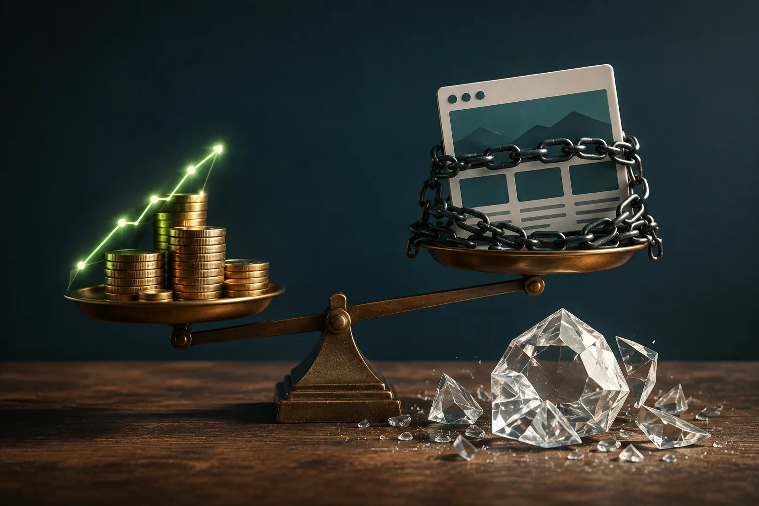 A balance scale weighs stacks of coins with a rising green line against a chained website card, with shattered crystal below.