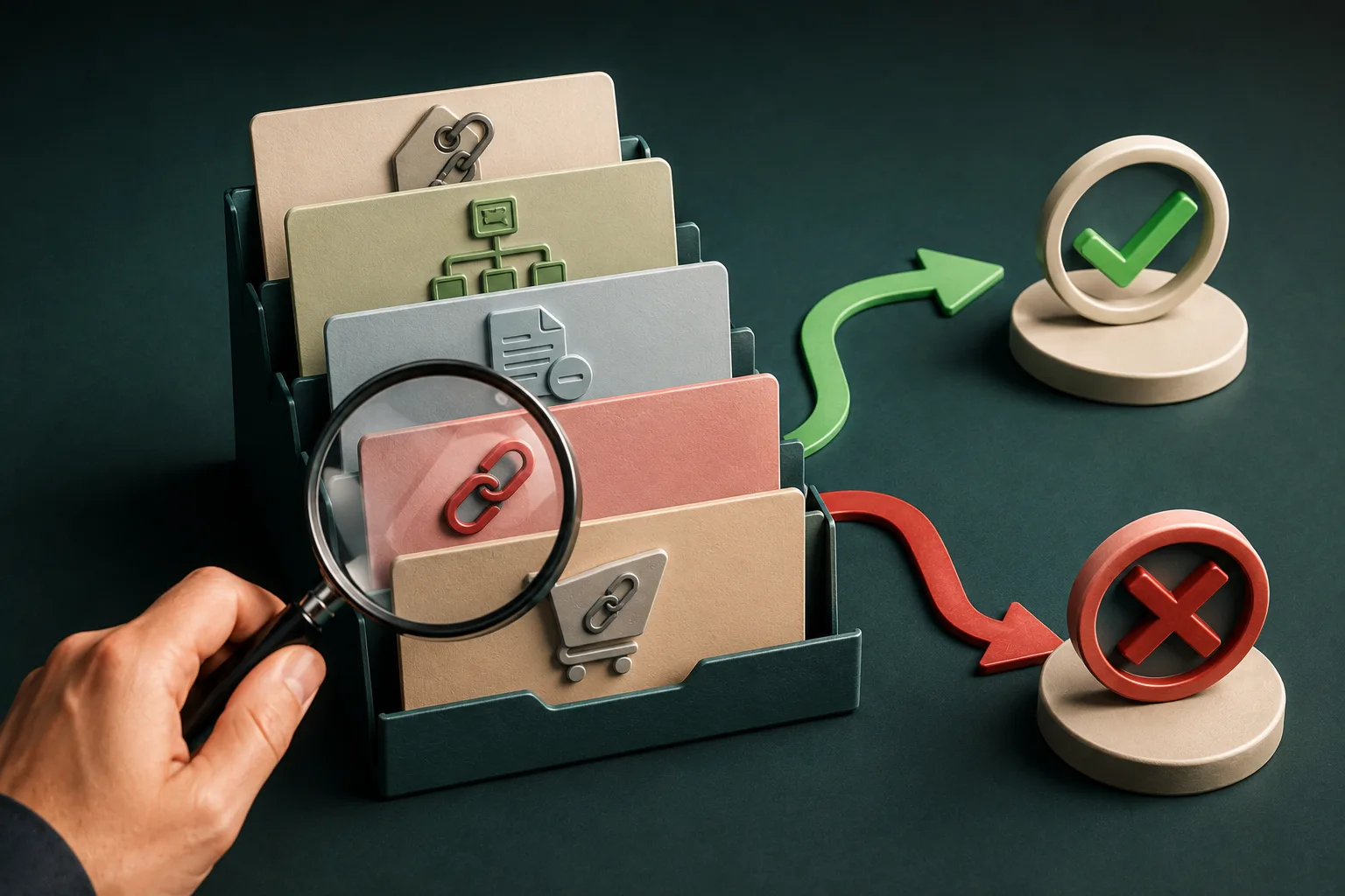 A hand uses a magnifying glass to inspect layered records, with green approval and red rejection paths beside them.