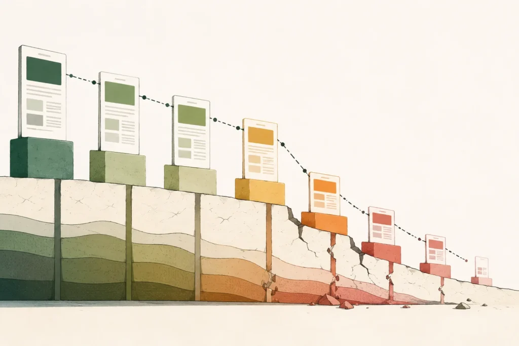Editorial illustration of page-like cards descending in uneven steps from tall green blocks to smaller orange, red, and gray blocks, connected by a downward path.
