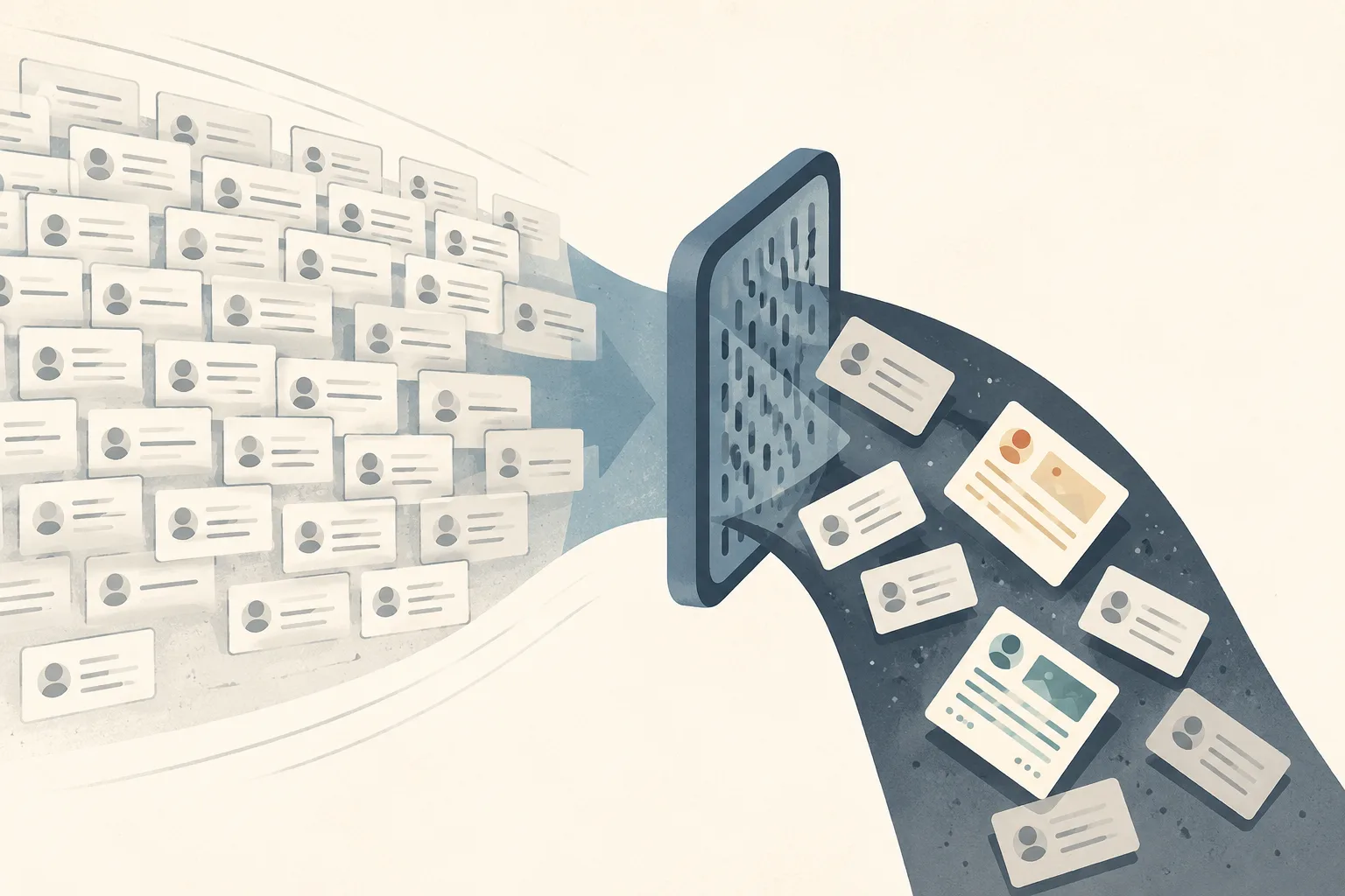 Editorial illustration of many similar message cards flowing toward a filter screen, with the whole group redirected into a discard path. Among the discarded cards, two more detailed messages are swept away with the bulk.