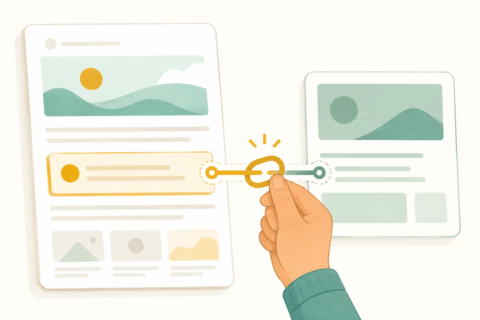Editorial illustration of two webpage cards being connected by a small chain link, with an existing highlighted mention on the left page and the target page on the right.
