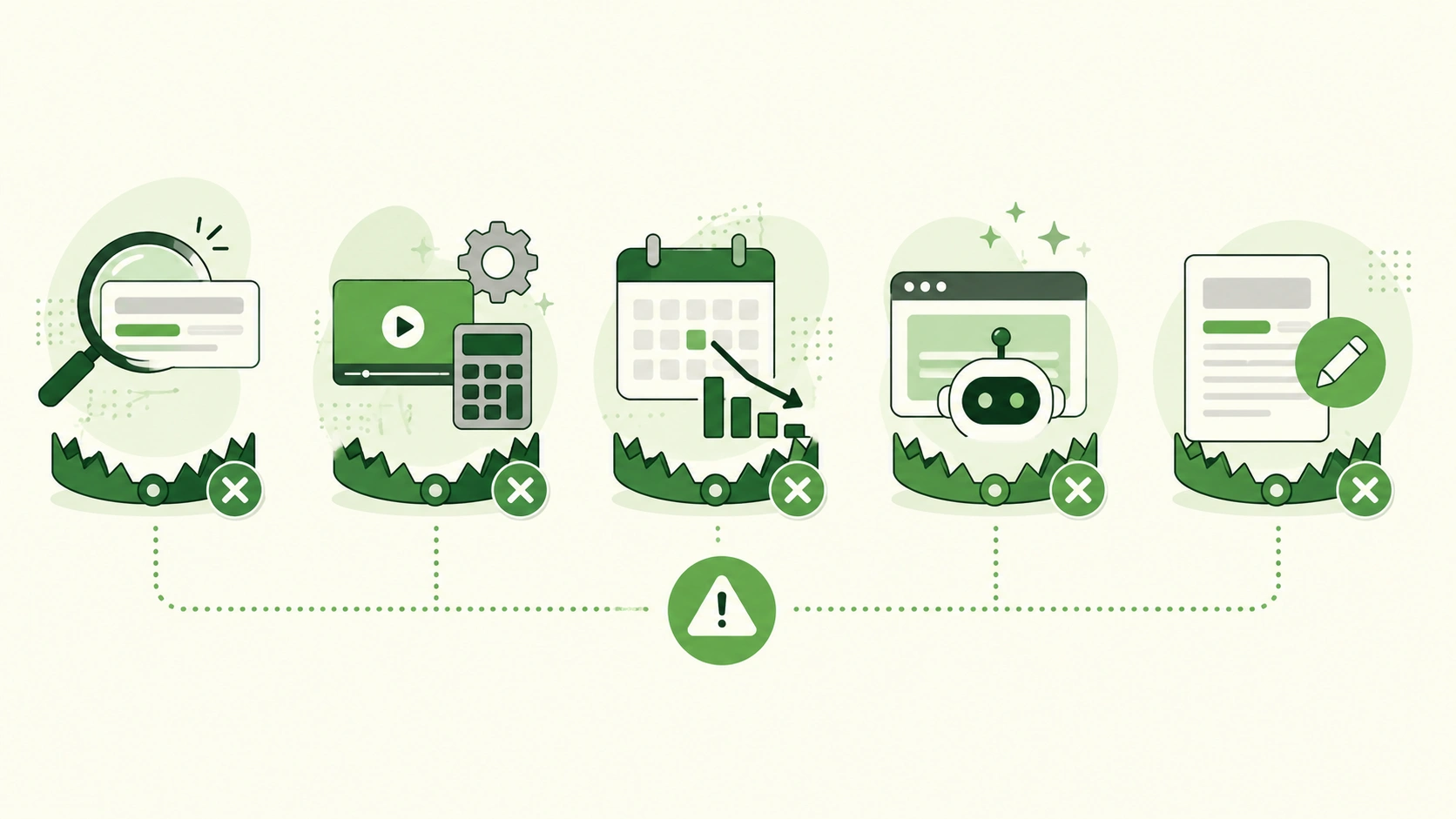 Illustration showing five SEO content-gap traps, including misleading keyword opportunities, mismatched content formats, declining demand, AI-generated answers, and low-value content opportunities.